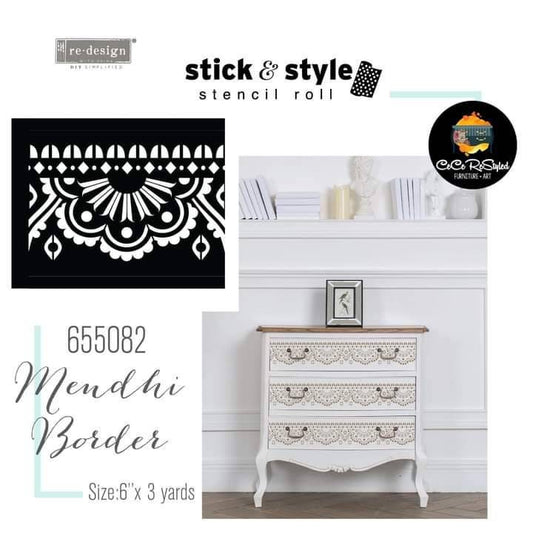 NEW! MENDHI BORDER Redesign with Prima - Reusable Furniture Stick and Style Decor Stencil Roll - 7" x 5 Yardss
