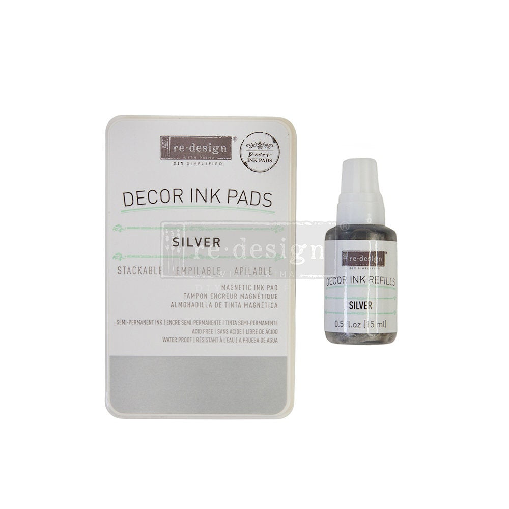 NEW! Redesign with Prima - SILVER - Decor Ink Pad - 10ml Bottle Plus Dry Ink Pad