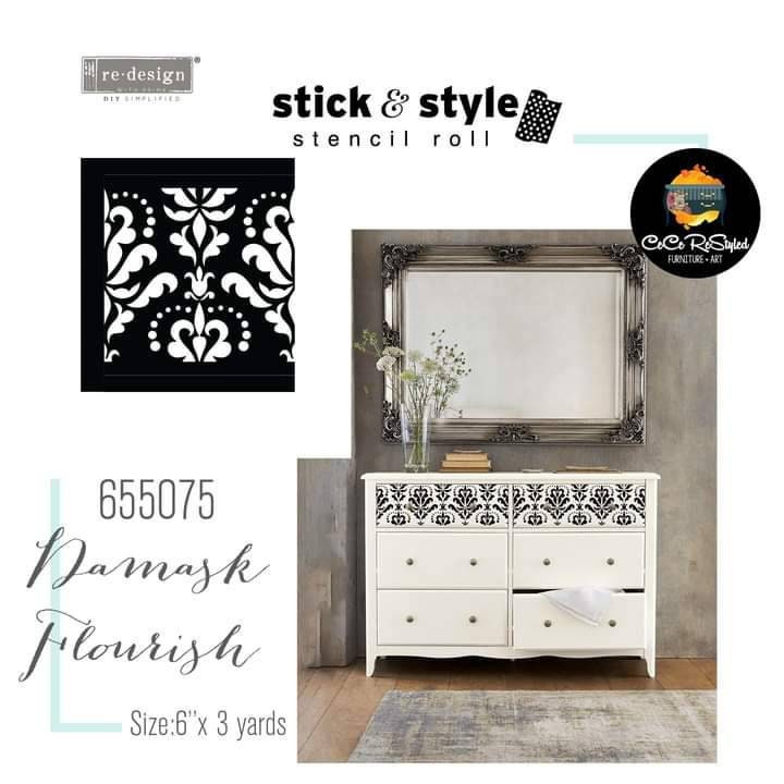 NEW! DAMASK FLOURISH Redesign with Prima - Reusable Furniture Stick and Style Decor Stencil Roll -  7" x 5 Yardss