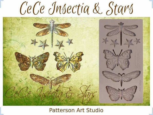 Silicone Mold - New! Redesign with Prima and CeCe restyled - Insectica & Stars 5"x10" Silicone Decor Mould