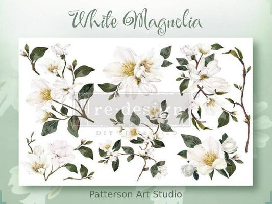 New! - WHITE MAGNOLIA - Redesign with Prima - Rub on Small Transfer for furniture or flower decal  18" x 12"