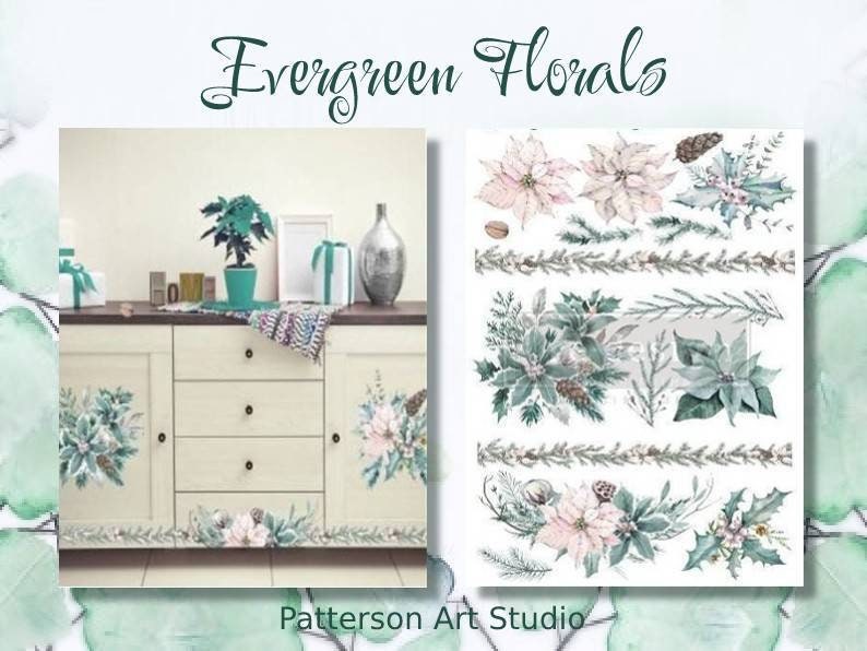 NEW - Holiday Rub on Furniture Transfer, Furniture Decal, Redesign with Prima, EVERGREEN FLORALS 24" x35"