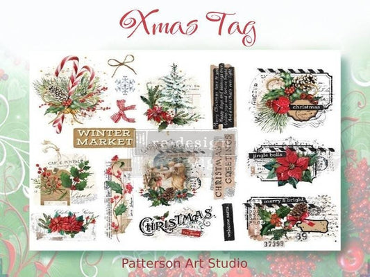 New! - XMAS TAG - Redesign with Prima - Rub on Small CHRISTMAS Transfer for furniture or flower decal  18" x 12"